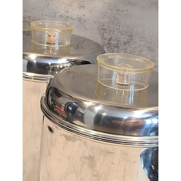Revere Ware 1801 Stainless Steel MED Canisters w Lucite Knob 1960 MCM Set Of Two - Picture 2 of 10